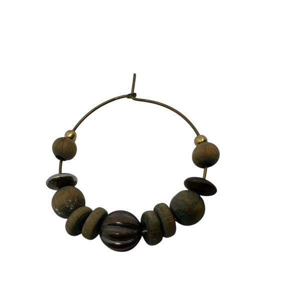 Bohemian Natural Wooden Bead Hoop Earrings Brass Accent Tribal Ethnic Statement - Picture 3 of 4